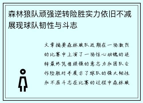 森林狼队顽强逆转险胜实力依旧不减展现球队韧性与斗志