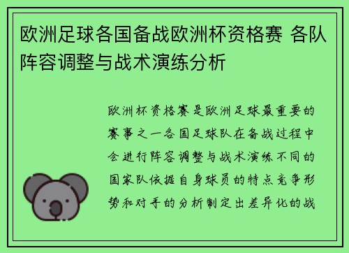 欧洲足球各国备战欧洲杯资格赛 各队阵容调整与战术演练分析