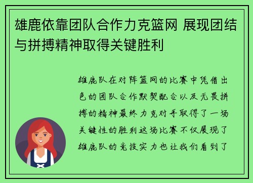 雄鹿依靠团队合作力克篮网 展现团结与拼搏精神取得关键胜利