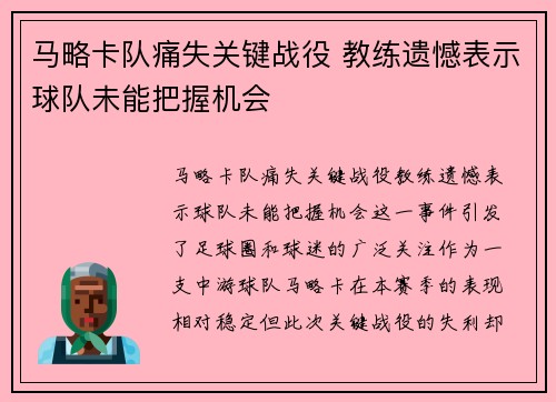 马略卡队痛失关键战役 教练遗憾表示球队未能把握机会