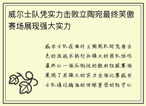 威尔士队凭实力击败立陶宛最终笑傲赛场展现强大实力