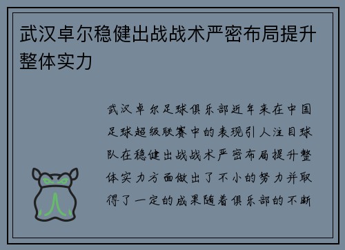 武汉卓尔稳健出战战术严密布局提升整体实力